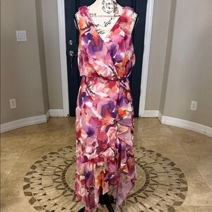 Xscape Asymmetrical Floral Dress in Pink and Purple Chiffon 10P